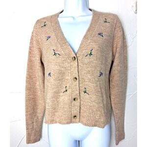 Floral Detailed  V Neck Cardigan Sweater Size Small Cottage Core Boho‎ Preppy